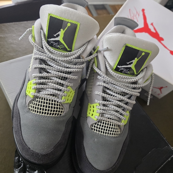 Jordan 4's Retro Neons                     Men's Gray and Neon Green Sneakers - Picture 8 of 8